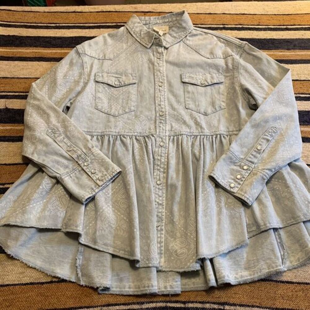 Western Babydoll Top‎ Tunic Button Down Handkerchief Print Denim Wash Small